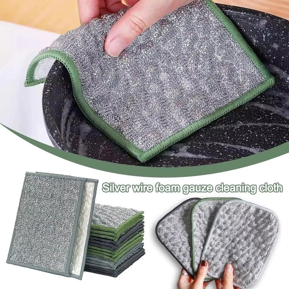 5Pcs Kitchen Clean Tools Double-Side Dishwashing Sponge Reusable Non-Stick Oil Kitchen Cleaning Cloths Multi-purpose Household Steel Cloth Oil Cleaning