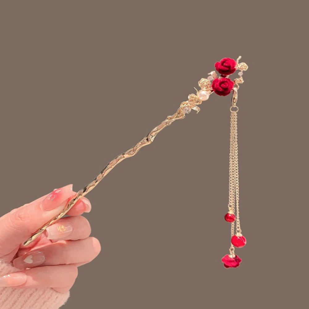Delicate New Chinese hairpin Handmade Flocking rose tassel hairpin Vintage-inspired Colorful for Party hair accessory Traditional Chinese costume accessory Gift for women