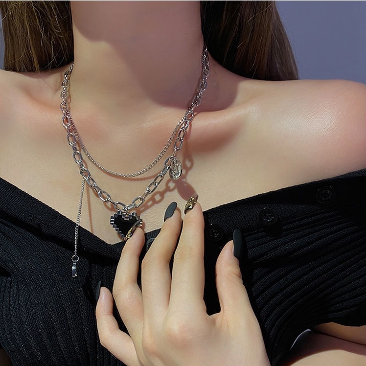 Punk Mosaic Pixel Necklace Double Layer Chain Black Heart Pendant Necklace Female