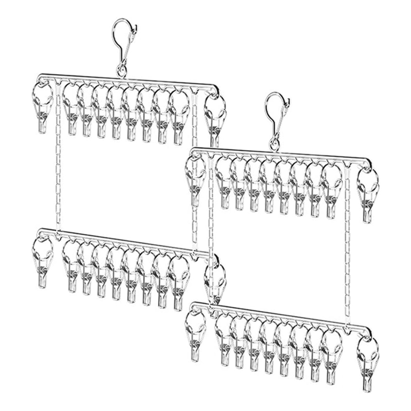 2 Pcs Bilayer Metal Sock Hanger,Stainless Steel Drying Rack Laundry,for Drying Shoes,Socks, Bras, Underwear, Hat