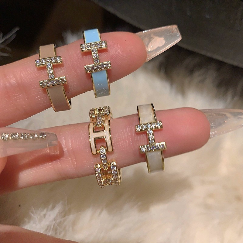 【New Arrivals】Letter H Light Luxury Enamel Micro Set Ring Women's Oil Dropping 18K Gold High-Level Open Finger Ring Unique Niche Ring