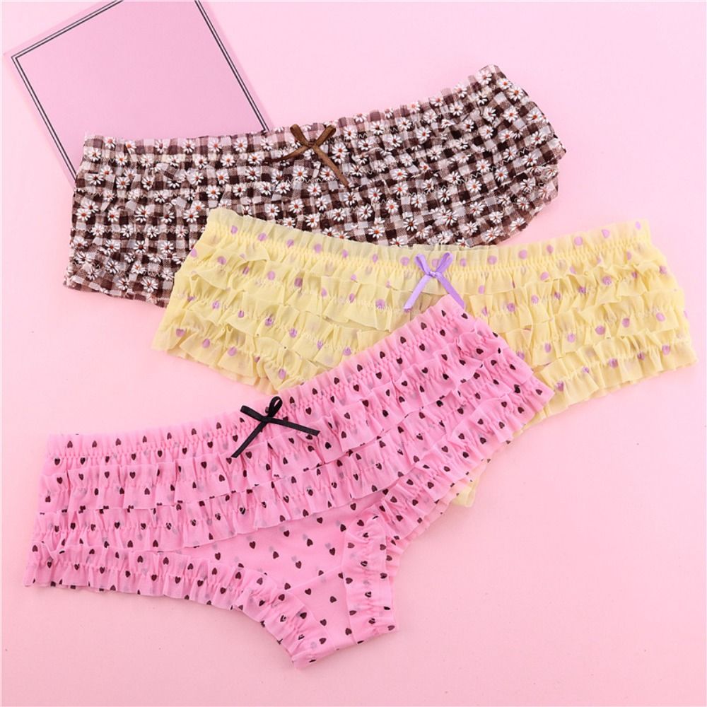 Cute Low Waist Underwear for Women Bow Transparent Sweet Lace Panties Hollow Mesh Satin Silk Briefs Female