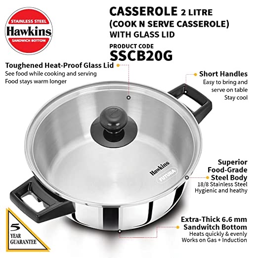 Hawkins Stainless Steel Casserole Cook And Serve With Toughened Glass Lid 2 Litre