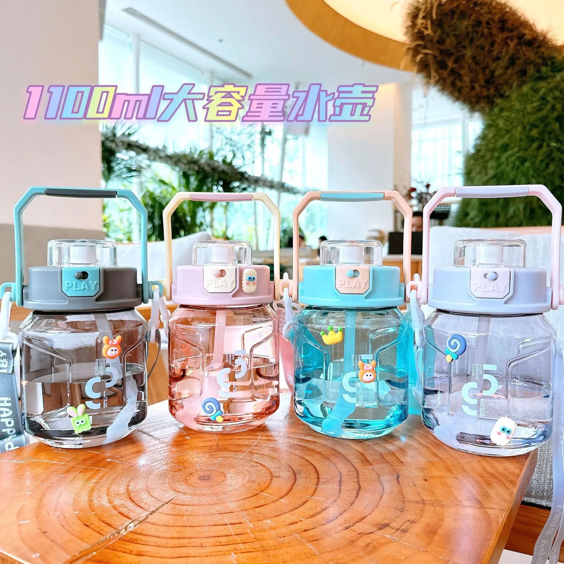 Cute Kids Water Bottle For School Summer Large Capacity Sport Straw Big Belly Cup Transparent Plastic Drinkware Bottles