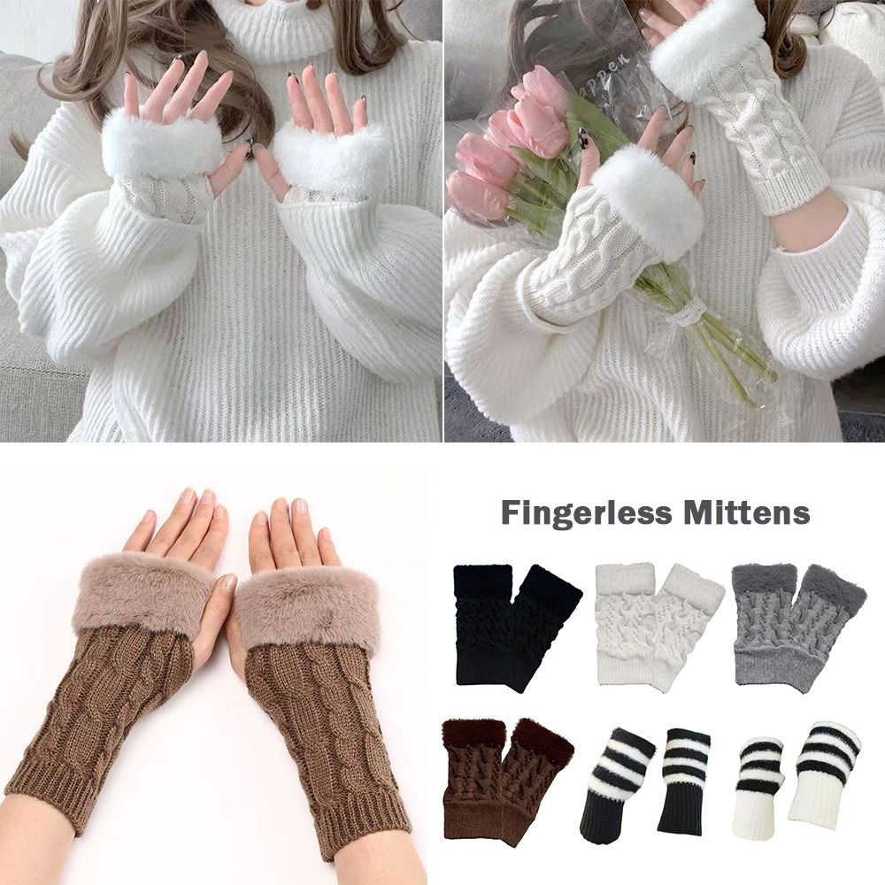 Cozy Wear Thick Warm Fingerless Mittens Twist Design Soft Plush Half Finger Gloves White Color Luxury Solid Arm Warmers Kawaii Style