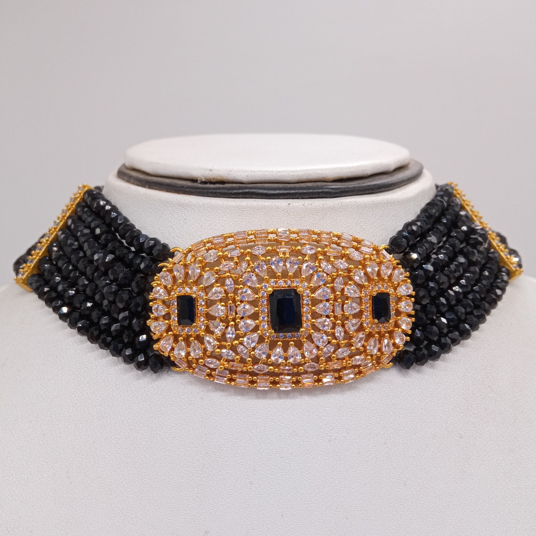 Abhushan Gallery Panchadhatu Gold Plated Oval Design Black Crystal Choker Set With White Stone For Women