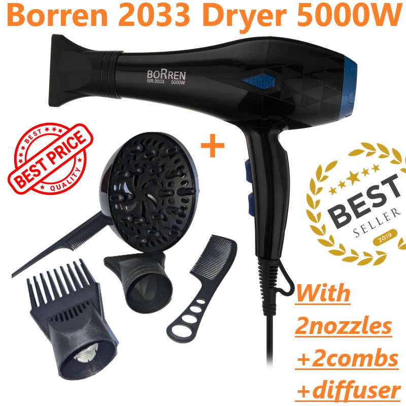 Borren 2033 Dryer Professional 2Speed 2Heat Setting Hair Dryer with Diffuser 5000Watt (Hot & Normal Air)
