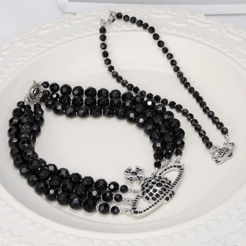 【Best Price Guaranteed】Empress Dowager's New Full Diamond Three-Layer Black Pearl Large Saturn Necklace Dark Style Distinctive Short Neck Chain Trendy Bracelet for Women