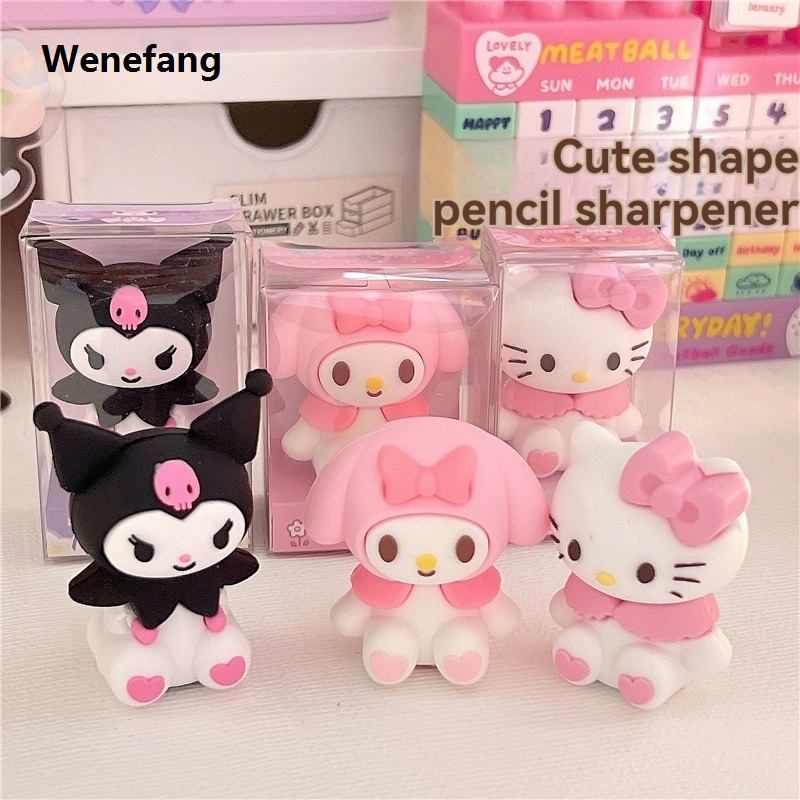 Wenefang Anime Pencil Sharpener Sanrio Hello Kitty Cartoon Kuromi Melody Student Stationery Cute Single Hole Model Pencil Sharpener Gift