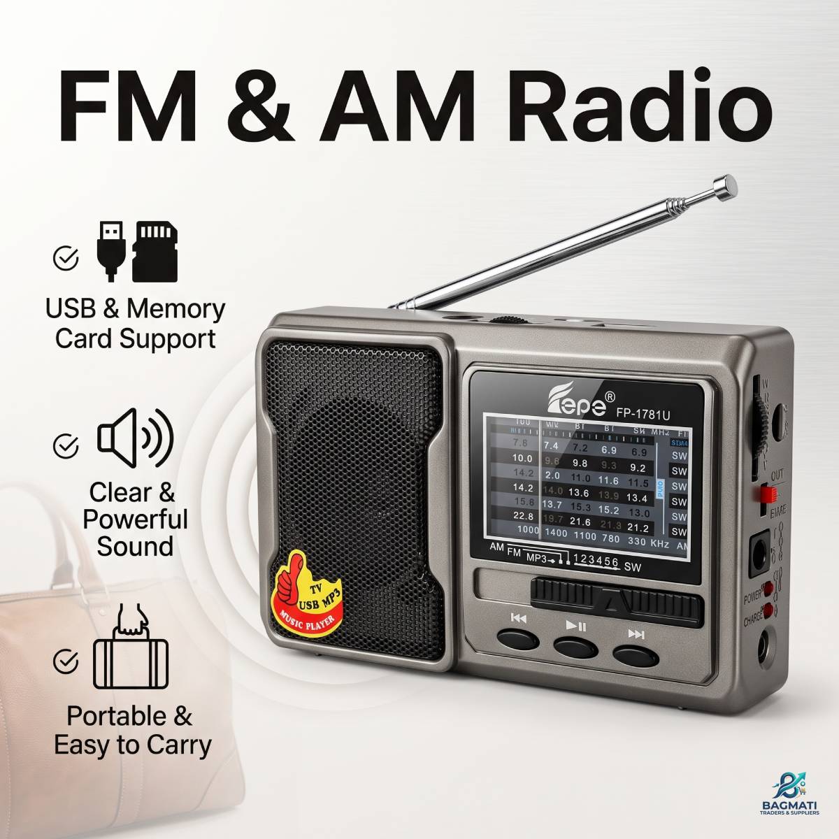 Rechargeable FM AM Radio | USB Card Music Player | Portable Radio for Home, Travel & Outdoor Use