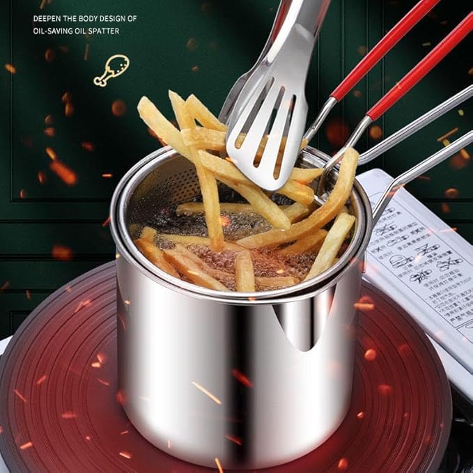 Stainless Steel Deep Fryer Pot with Strainer Basket, Induction Compatible, Durable Kitchen Cooking Tool