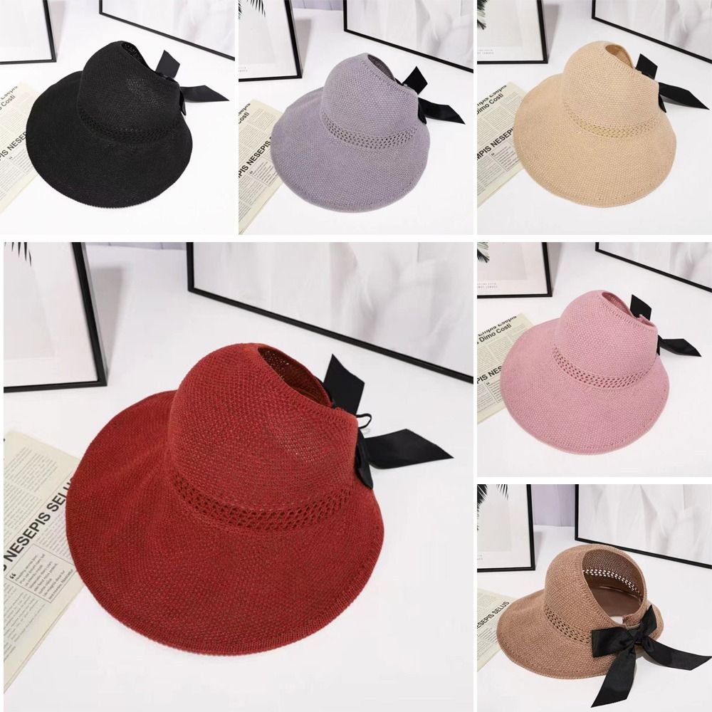 New Wide Brim Sun Hats UV Protection Ponytail Crochet Hat Visor Scallop Cap Women
