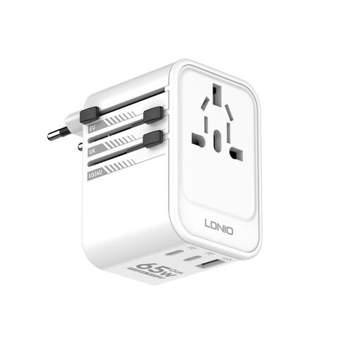 LDNIO Z6 65W GaN 3-Port USB-C PD Fast Charger with Universal Travel Adapter Plug for Laptop & Smartphones