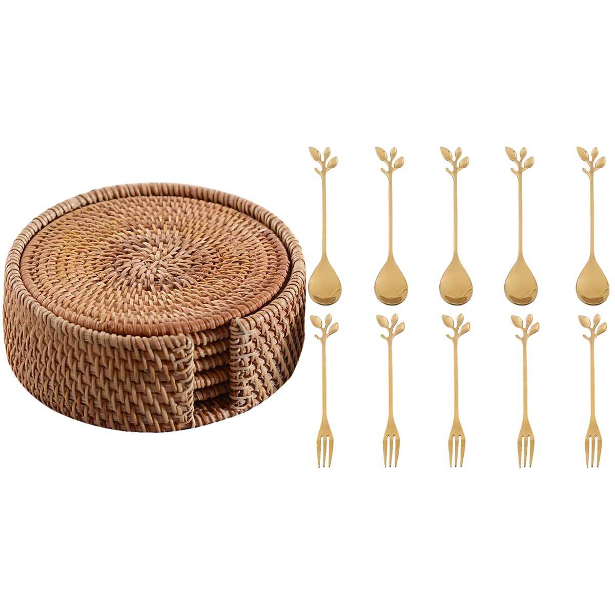 NAMUNY 1 Set Leaf Coffee Cake Spoon Fork Dessert Spoons & 1 Set Drink Coasters Set