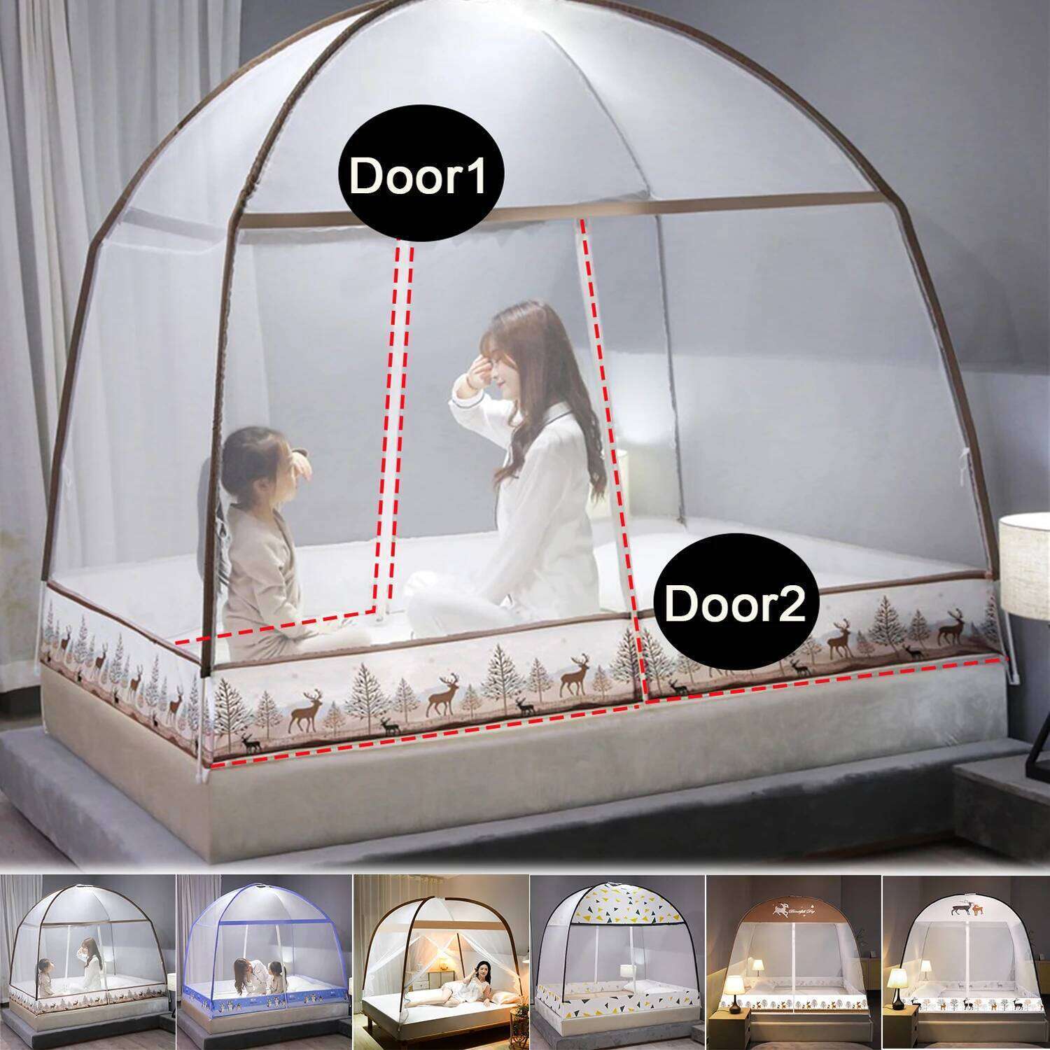 1pc Thickened 360°Coverage Easy-Install Mongolian Yurt Tent Large Space Cartoon Mosquito Net with Steel Wire Frame