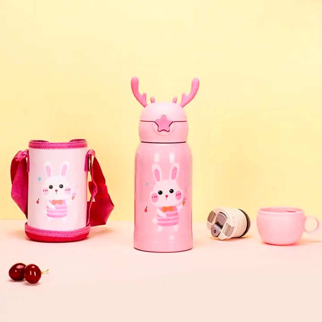 Baby Insulated Water Bottle - 316 Stainless Steel Thermal Flask for Kids Hydration - Leak Proof One Touch Lid - Portable Cartoon Design for Toddlers