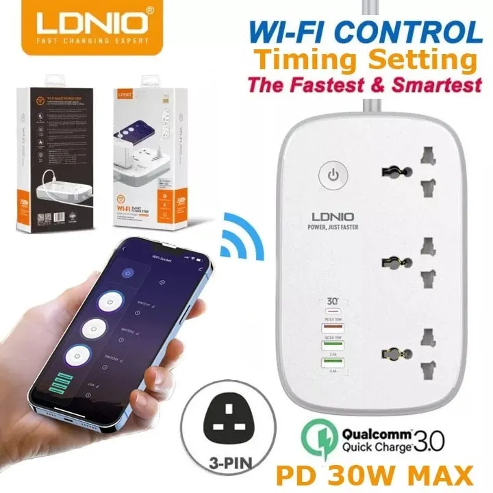 LDNIO SCW3451 WiFi Smart Power Strip Multiplug 2500W - 3 AC Universal Sockets & 4 USB Ports with 30W PD Fast Charging - Remote App Control Timing Switch Extension Socket for Home & Office