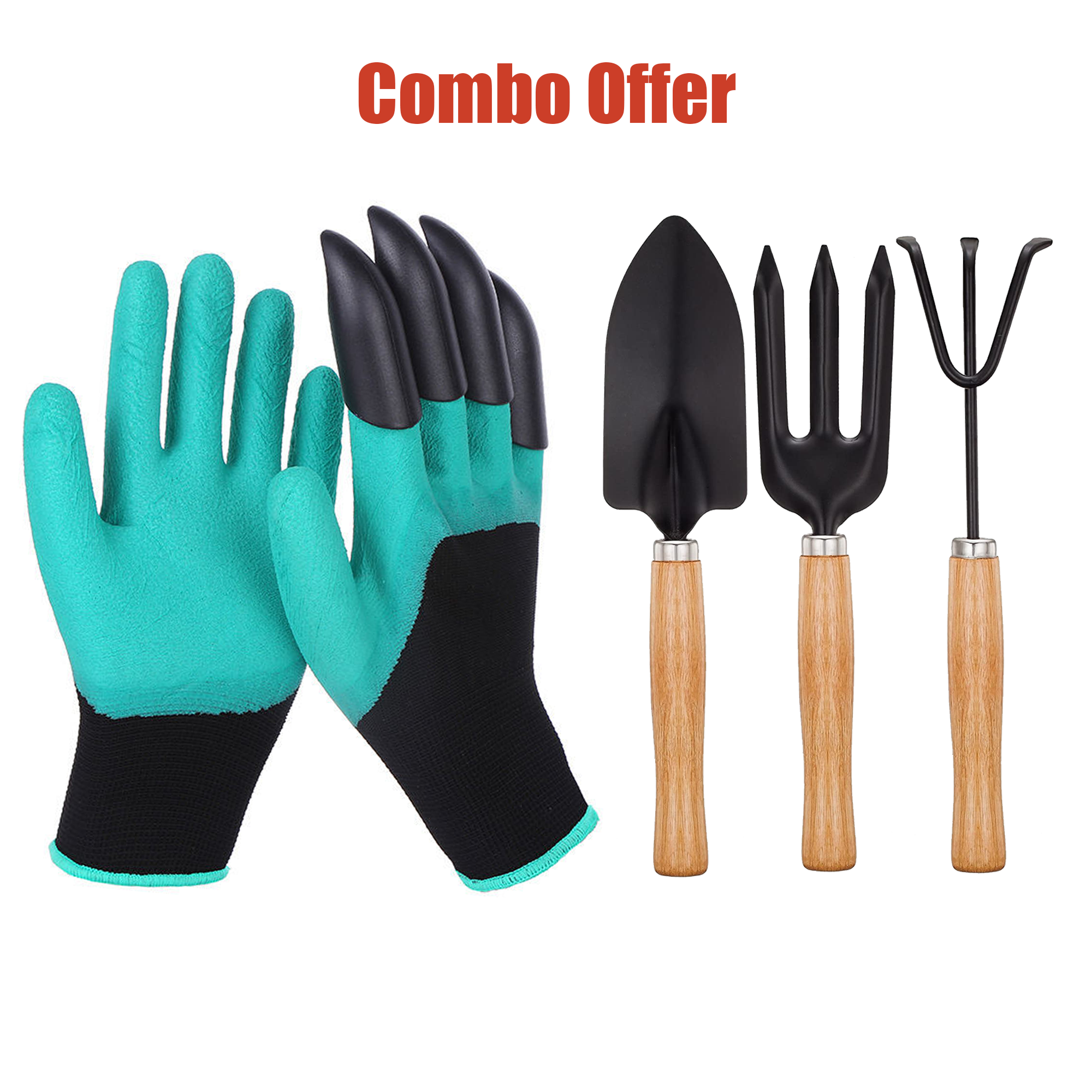 COMBO: Garden Claw Gloves (1 Pair) + 3Pcs Mini Gardening Tools - Waterproof Non-Slip Digging & Planting Gloves with Fingertip Claws, Hand Trowel/Rake/Transplanter