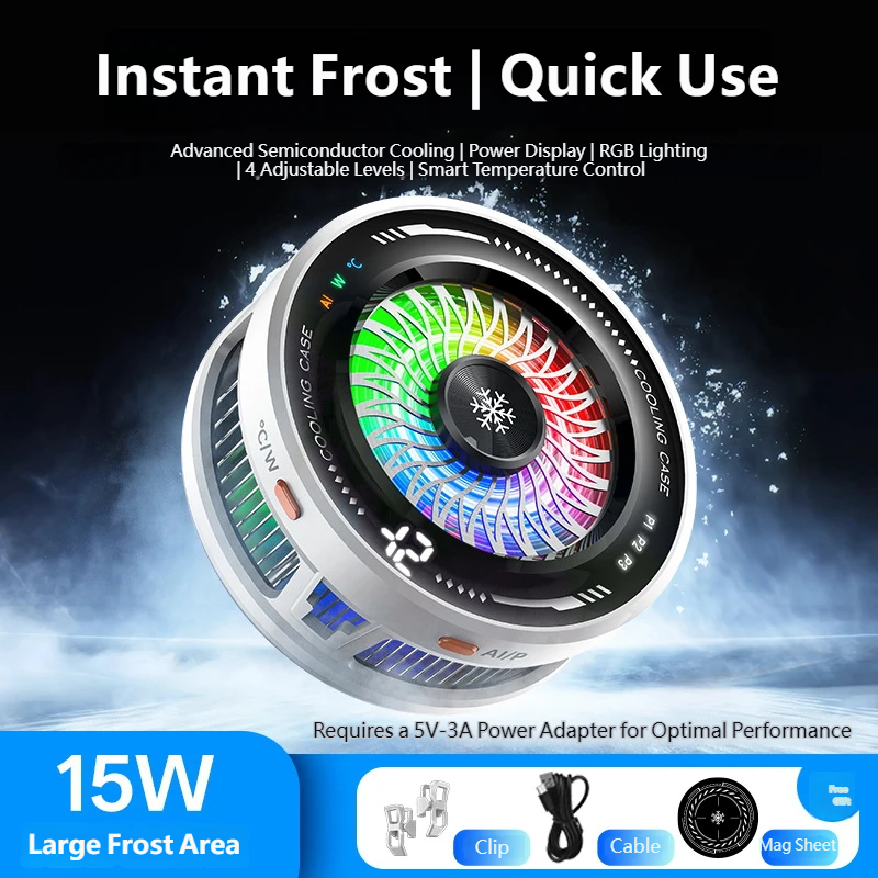 AI Smart Semiconductor Magnetic Phone Cooler 4‑Level Temp Adjust Ice‑Cold Fast Cool for Gaming MagSafe Clip for iPhone/Android