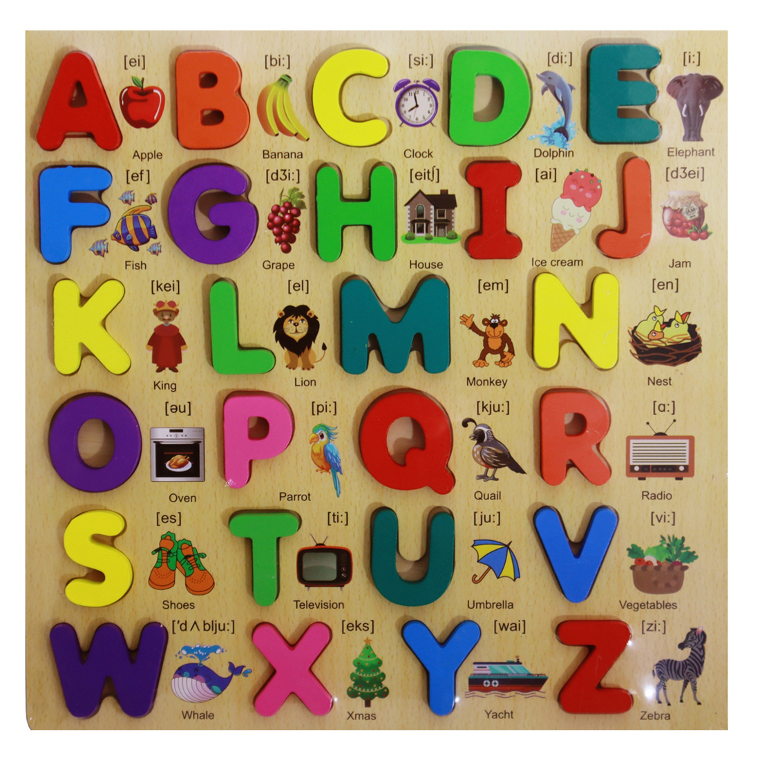 3D Colorful Wooden English Alphabets Capital Letters Puzzle Board (A-Z) with Pictures | Early Learning & Teaching Toy for Baby & Toddlers | Safe, Educational & Fun