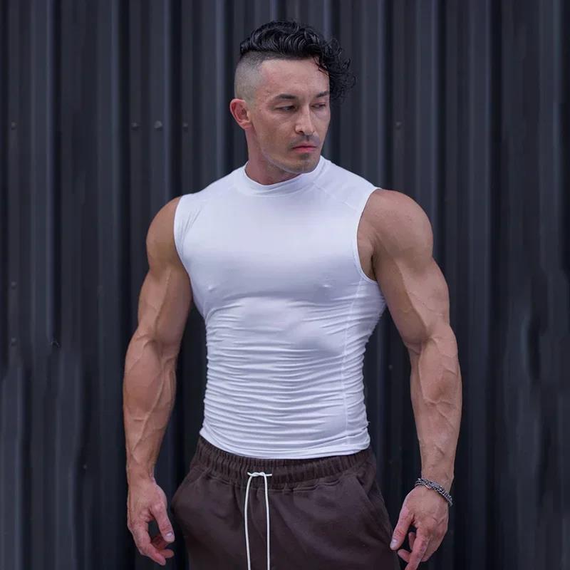 New style Compression Tank Tops Mens Running Vest Cut-off Muscle Fitness Clothes Sports Sleeveless Shirt Elastic Gym Bodybuilding Clothing