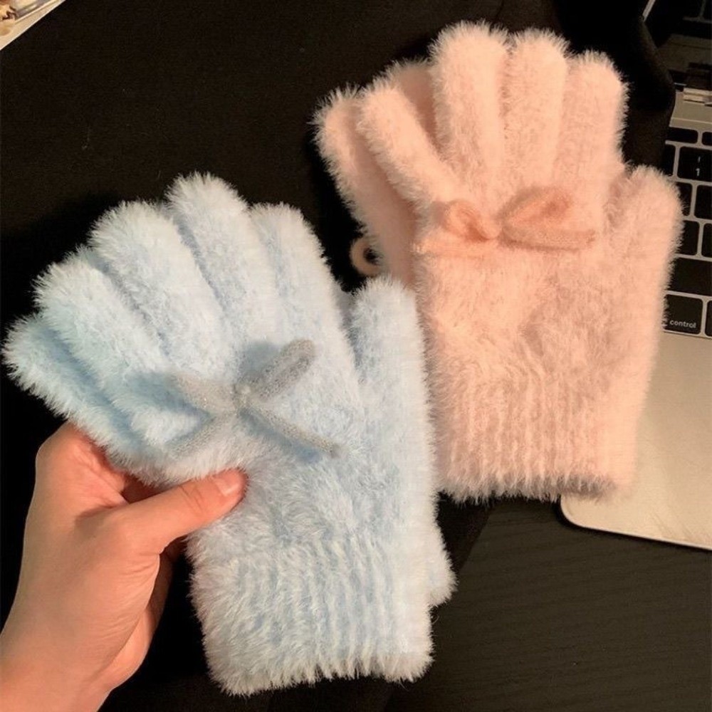 Cute Milk Blue Milk Powder Plush Knitted Gloves Windproof Bowknot Warm Mittens Thick Coldproof Autumn Winter Gloves Women