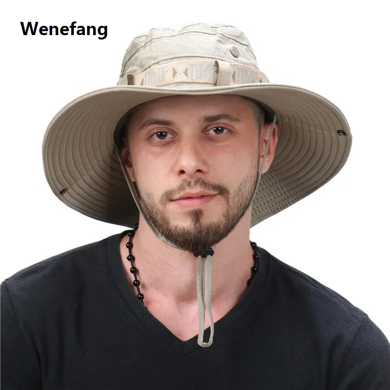 Wenefang Summer Men Bucket Hat Outdoor UV Protection Wide Brim Panama Safari Portable Hunting Hiking Hat Mesh Fisherman Hat Beach Sunscreen Cap