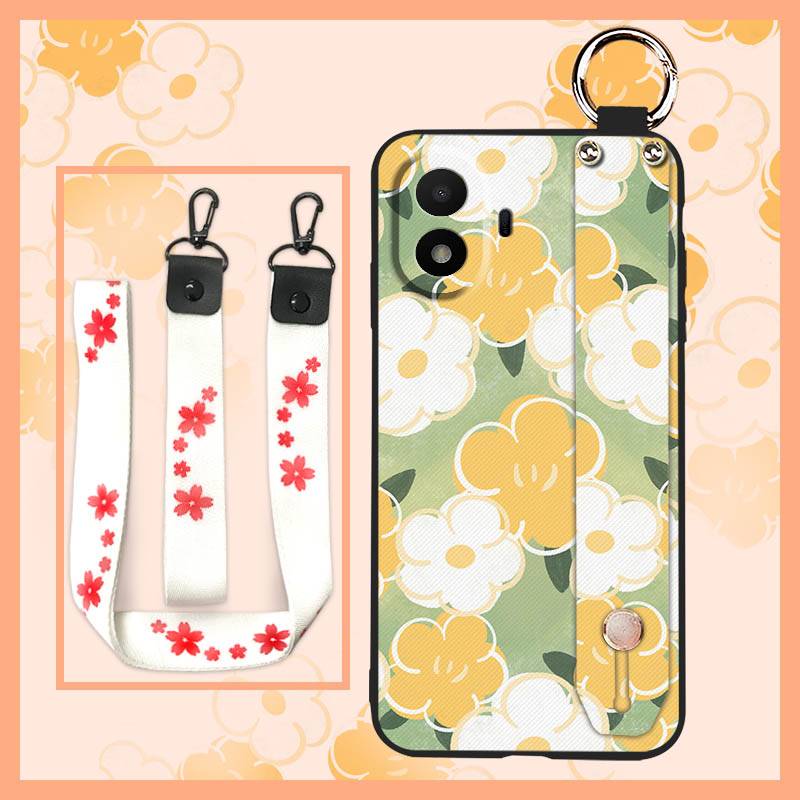 Fashion Design Flower Phone Case For TCL K70 SE Shockproof Kickstand Phone Holder Protective Dirt-resistant Wrist Strap