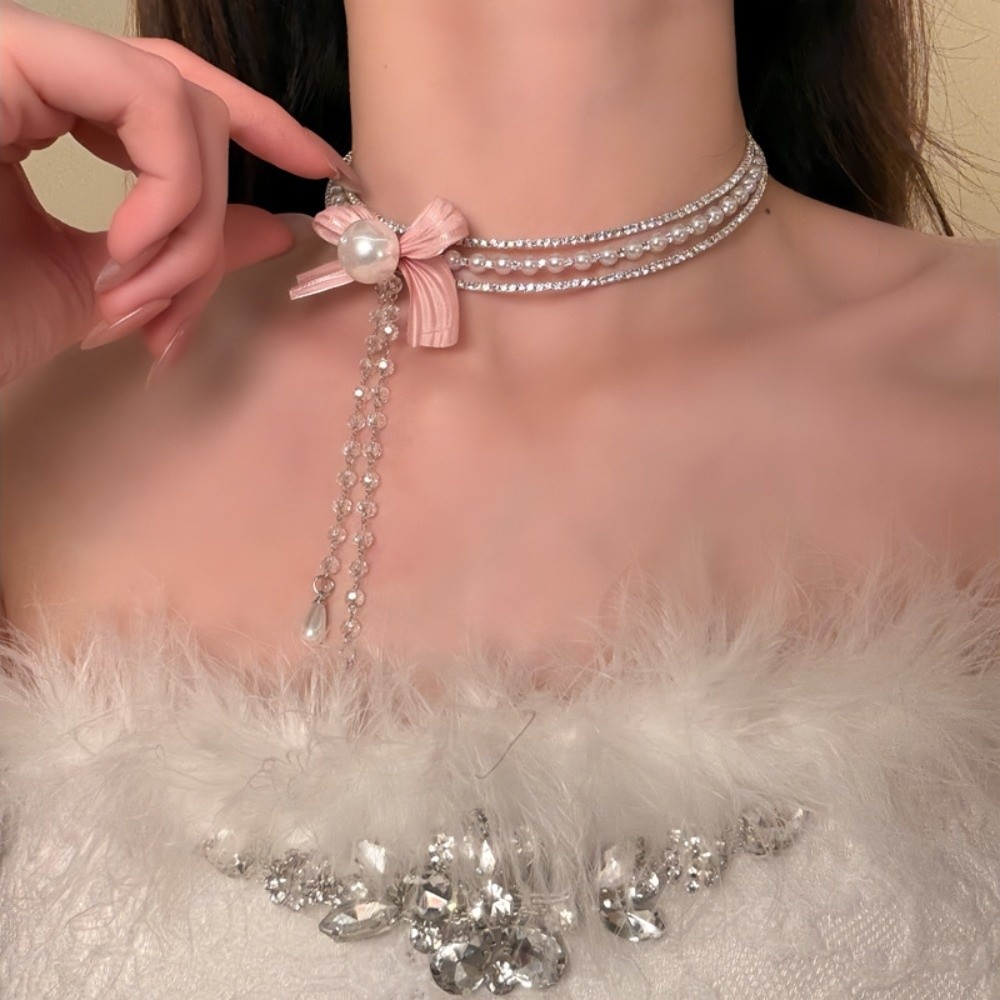 Personalized Choker Alloy Creative Bow Beads Necklace Tassel Shiny Neck Jewelry Banquet