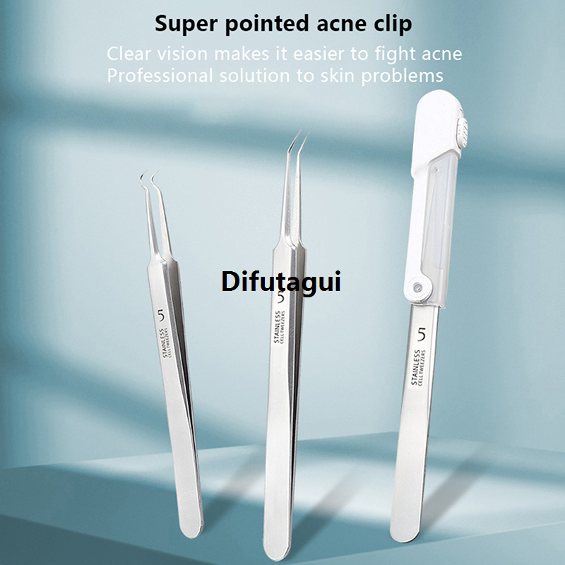 Difutagui High Quality 1PC Led Acne Needle Tweezers Blackhead Blemish Pimples Removal Portable Pointed Bend Gib Head Face Care Tools Comedone Acne Extractor
