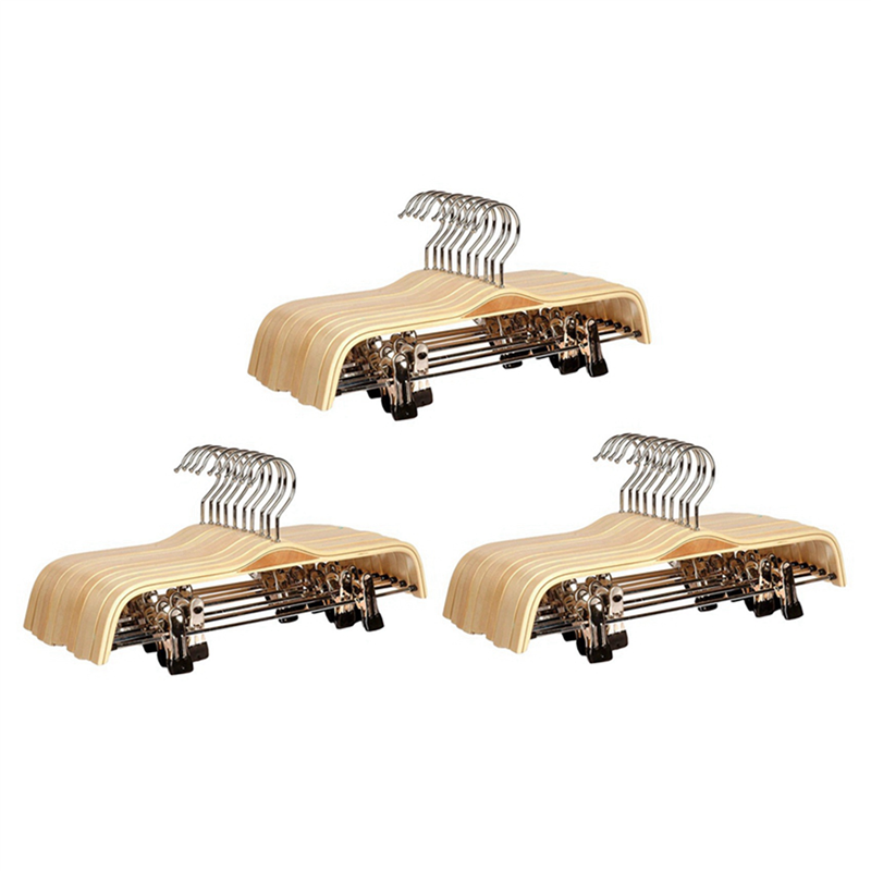 30 Pack Solid Finish Wooden Trousers/Skirt Hangers with Anti-Rust Clips Coat Clothes Hangers