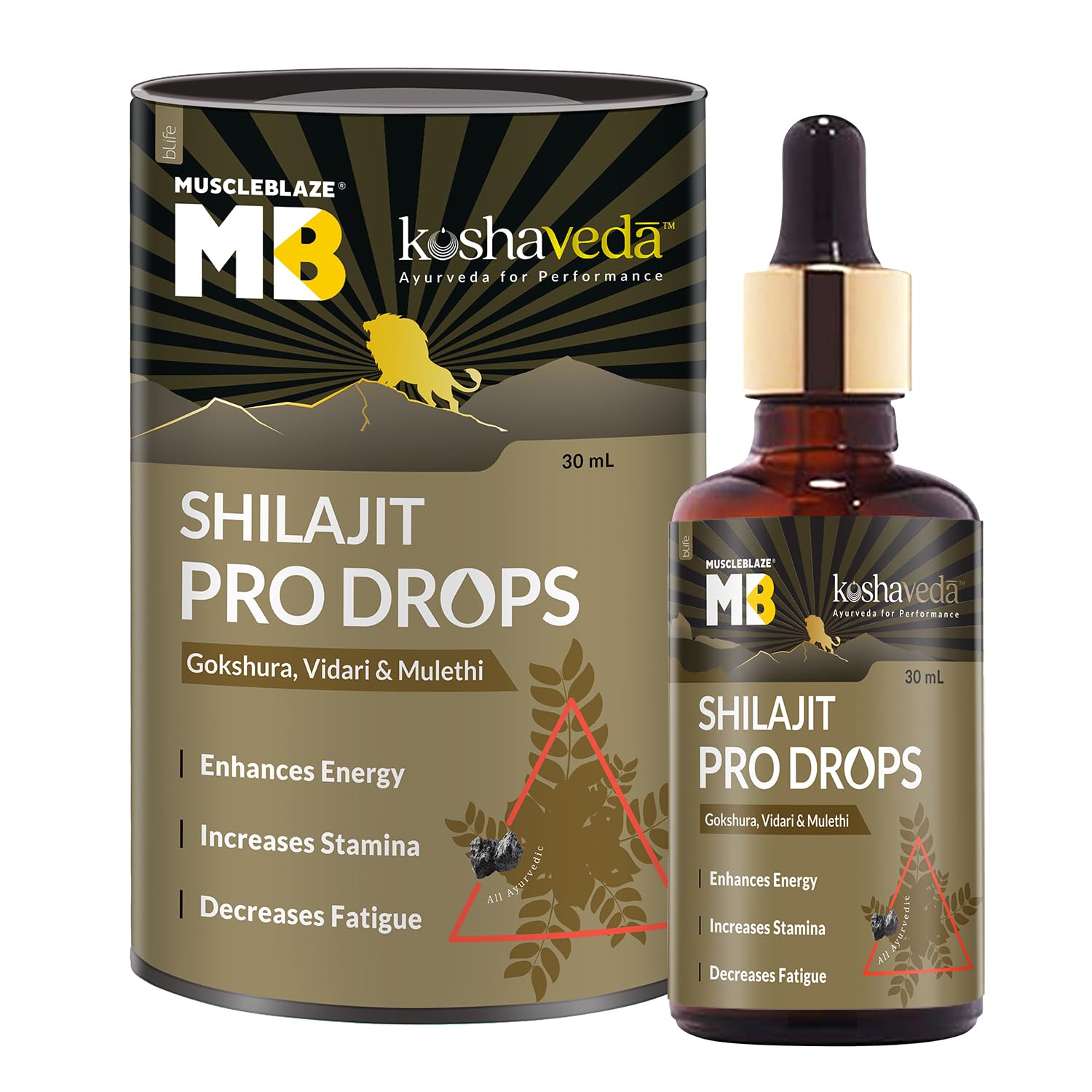MuscleBlaze Koshaveda Shilajit Pro Drops 30ml Shilajit Original with Gokshura, Vidari & Mulethi | For Energy & Stamina