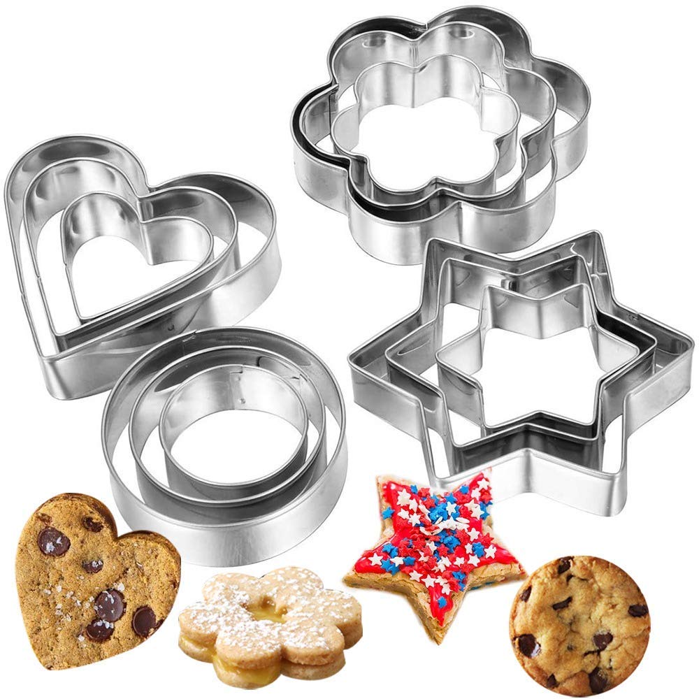 12 PCS Stainless Steel Cookie Cutter Set - Round, Heart, Star & Flower Shapes for Baking and Molding