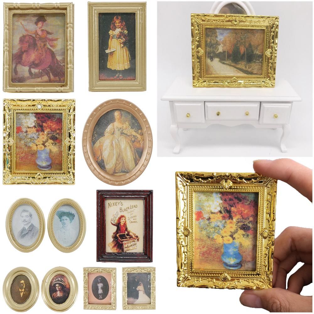 Kids Toys Playing House Doll Accessories 1:12 Scale Miniature Oil Painting Mini Picture Vintage Framed Photos