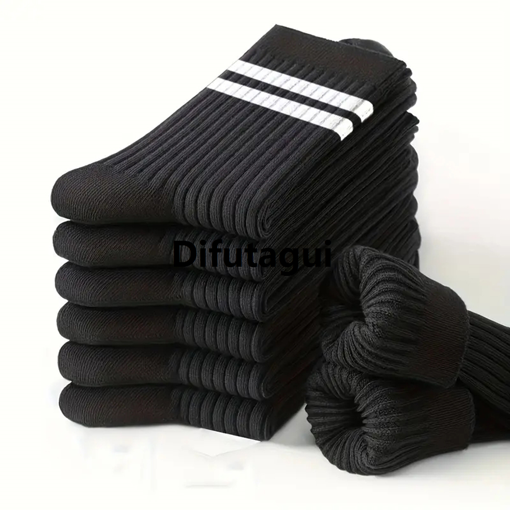 Difutagui 【2025 Version】 Socks black and white casual simple spring and autumn double men's Sales promotion socks 6 striped socks breathable round neck high quality middle tube socks