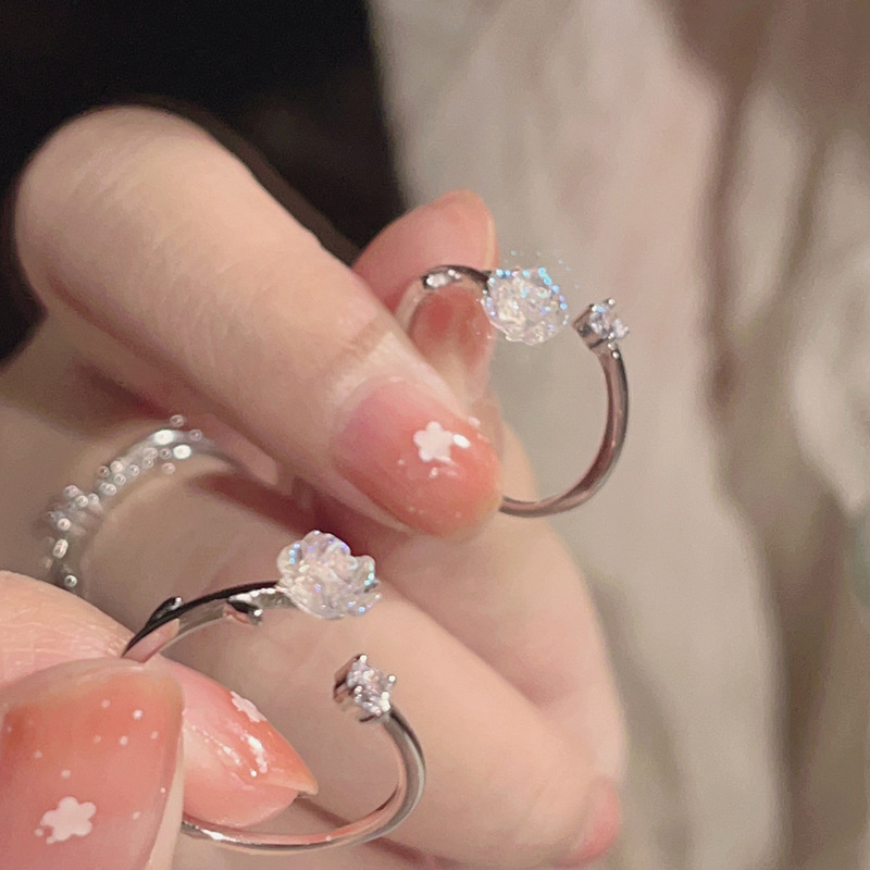 Vintage Fashion Camellia Open Ring Shiny Crystal Zircon Adjustable Roses Ring For Women Girls Wedding Party Fine Jewelry Gift YUEYING