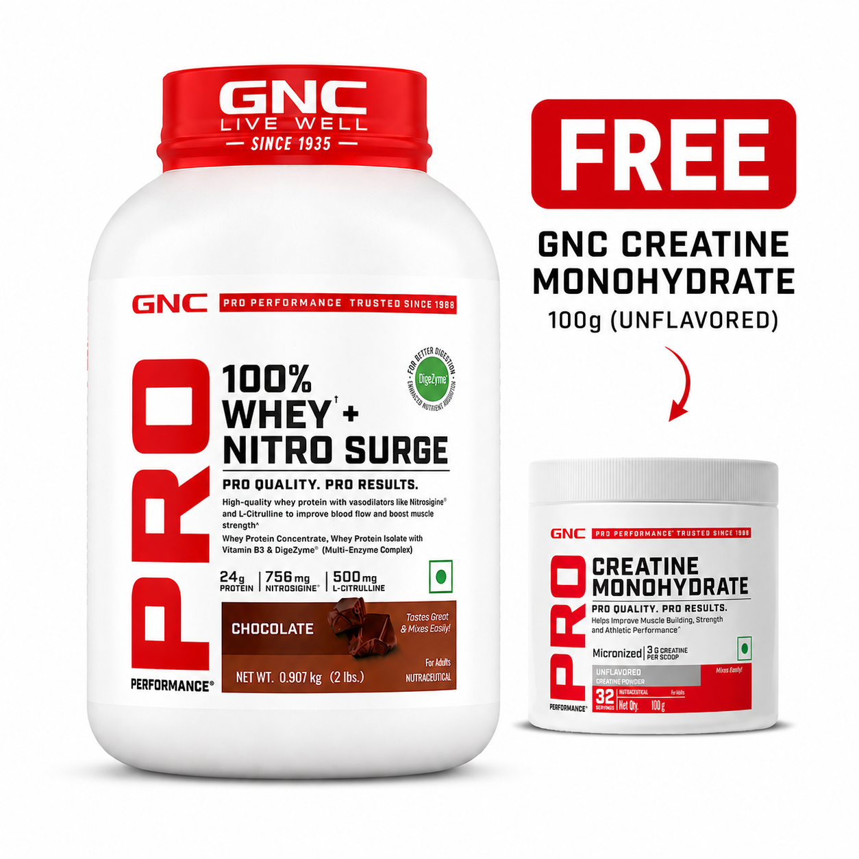 GNC 100% Whey + Nitro Surge 2lb (36g Serving) Chocolate Flavor For Cardio Protect Formula With Muscle Recovery, Endurance & Heart Health