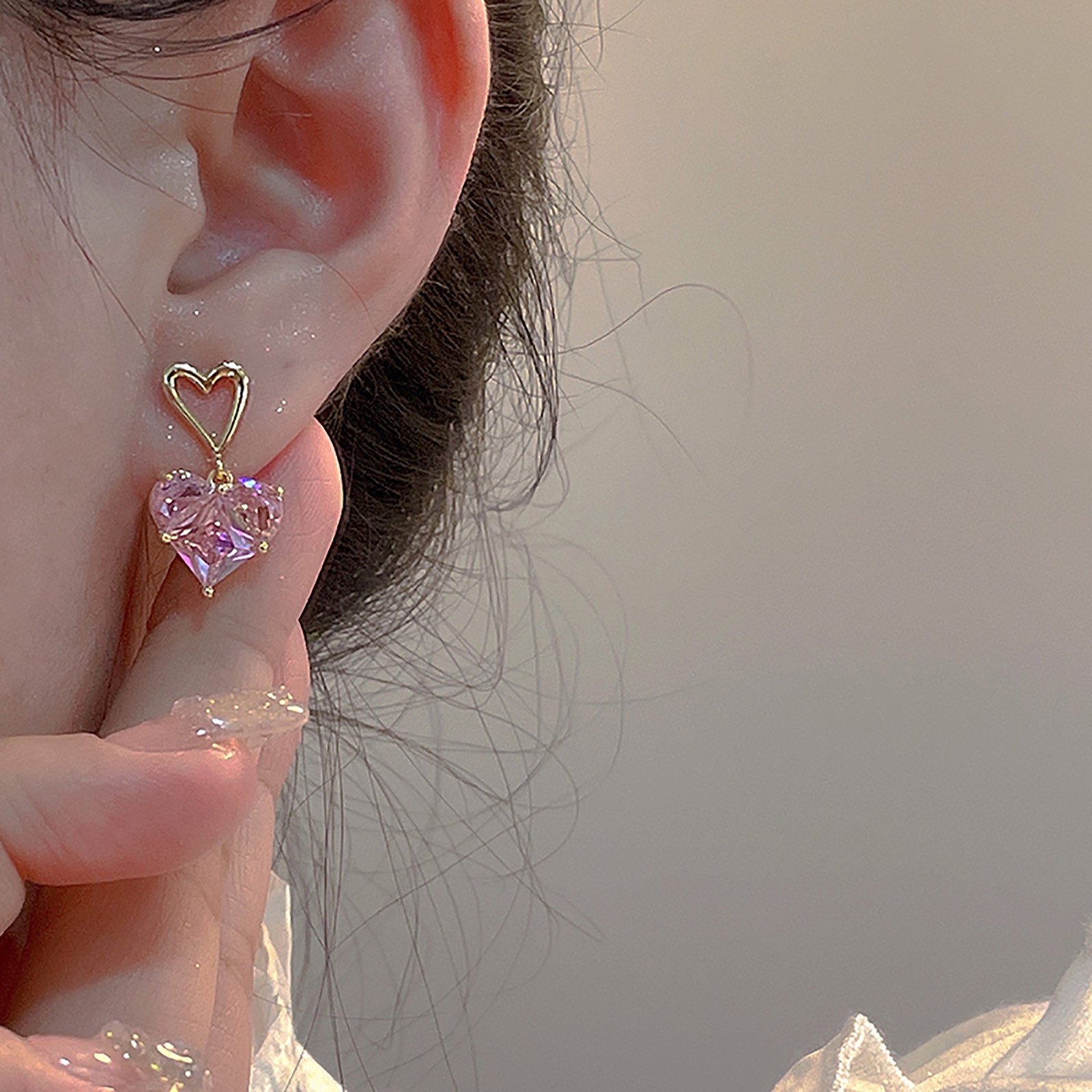 Dark Pink Diamond Heart Fashion Gold Earrings for Women's Fresh and Sweet Pink Diamond Zircon Heart Earrings Jewelry - Korean Earrings.