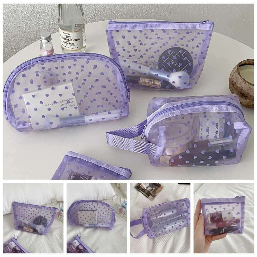 Cute Mesh Cosmetic Bag Heart Love Makeup Bag Large Capacity Wave Point Storage Bag Girls