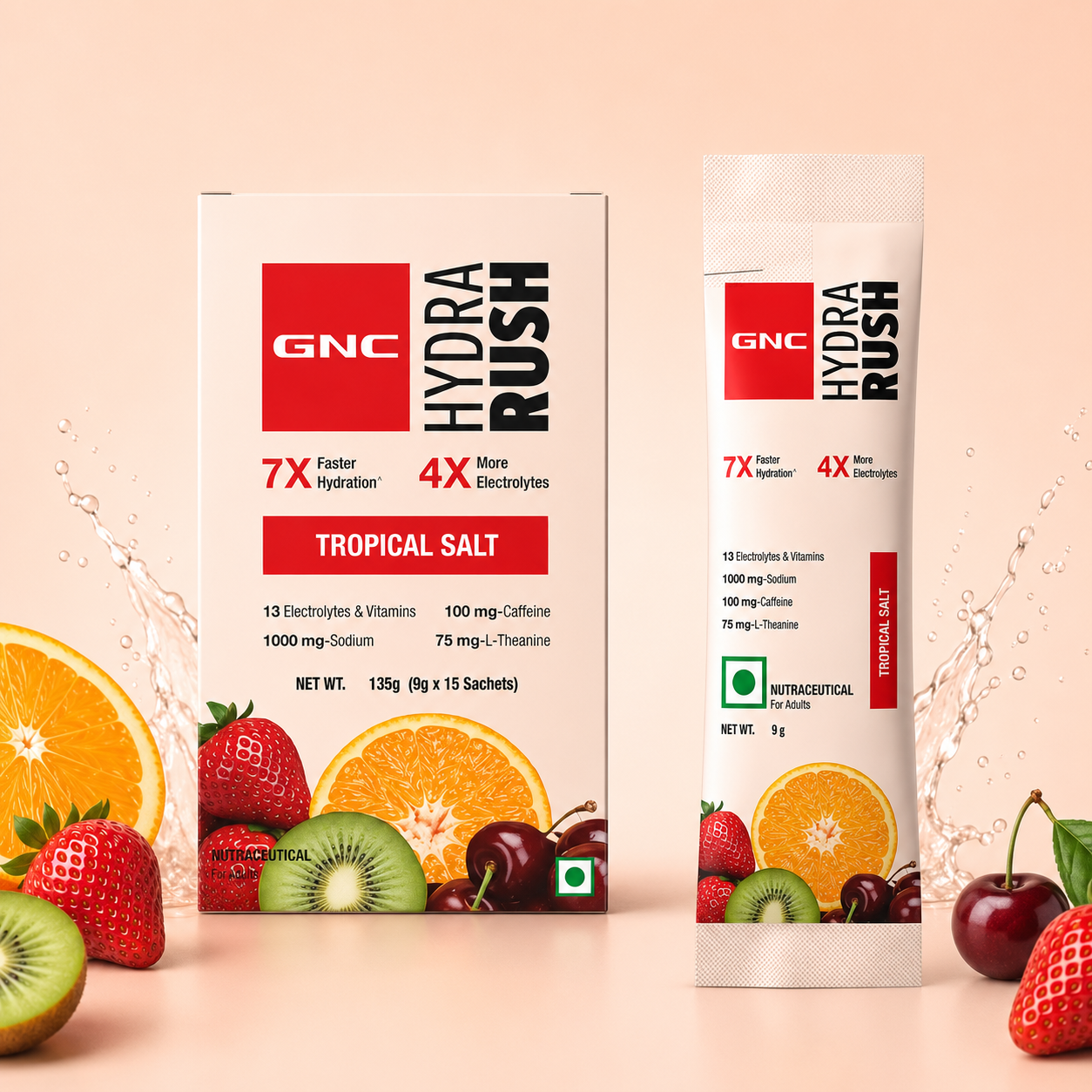 GNC Hydra Rush- 135g (9gX15 Sachets) With Advanced Hypotonic Hydration Formula & 4X More Electrolytes For Running, Workout & Summer Hydration