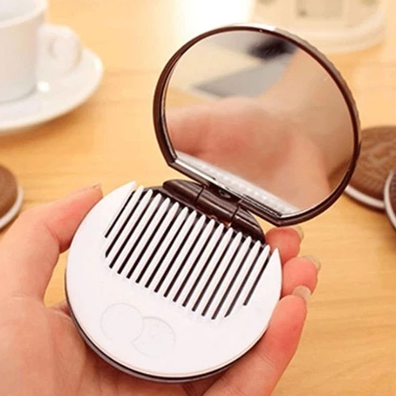 Vylon Portable Mini Pocket Mirror With Comb Brown Cute Chocolate Cookie Shaped Design Mirror Makeup Chocolate Folding Comb Makeup Gift