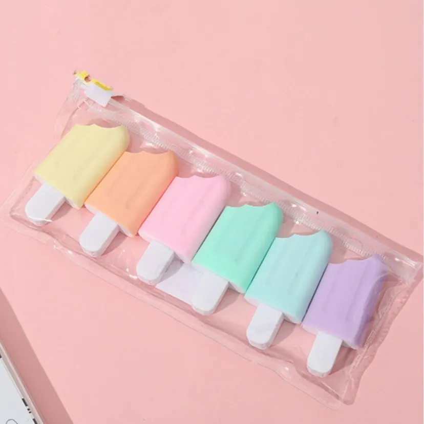6PCS/Lot Cute Kawaii Glitter Marker Pens Mini Ice Cream Highlighters School Stationery Graffiti Marker