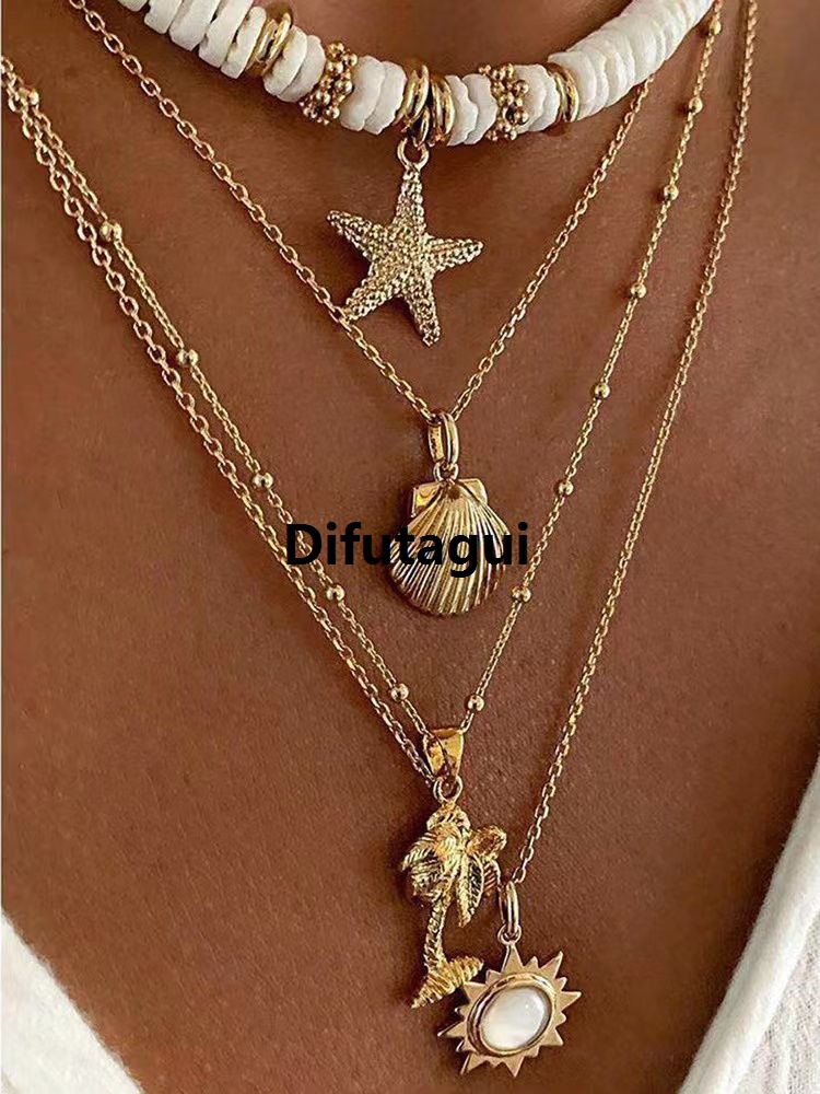Difutagui New specials 1Pcs/Set Fashionable New Bohemian Style Soft Clay Necklace Profesional Sun Pendant Layered Chain Great for Women's Summer Beach Vacation