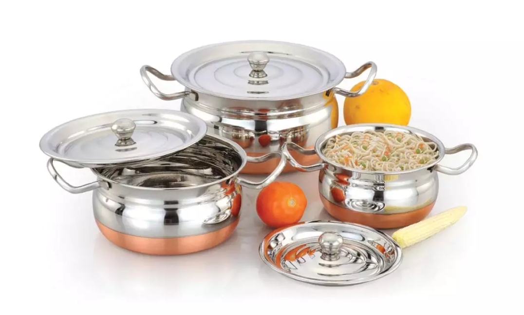 KAIZEN Stainless Steel Copper Bottom Multipurpose Cook & Serve Handi with Lid - 3 pcs Set (1 Nos.: 1.1 L, 1 Nos.: 1.3 L, 1 Nos.: 1.7 L Handi with lid.)