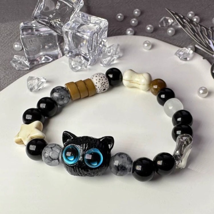 【Top-notch quality】Cheese Black Sesame Kitten Bracelet Shell Stars Black and White Cute Design Couple Women's Trendy