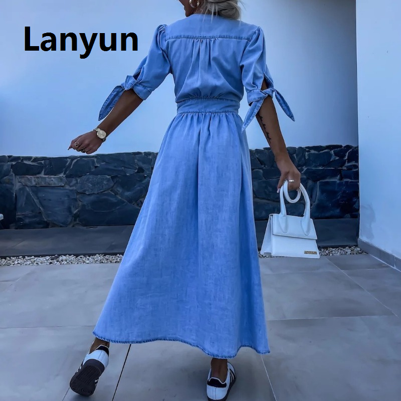 Lanyun Spring Summer New Women's Clothing Solid Color Fashion Bargain price V-neck Long Single-Breasted Denim Dress