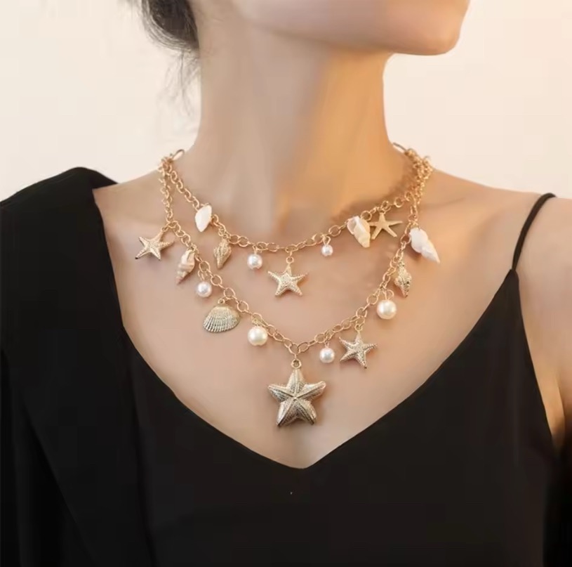 Masala Beads Vintage Shell Starfish Conch Shape Charm Necklace For Women Double Layer Gold Plated Ocean Imitation Pearl Bohemia Style Boho Chic Pendant Chain Trendy Wear Fashion Choker Jewelry Accessories Gift
