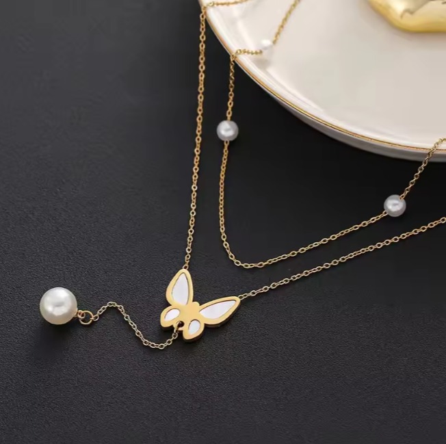 Elegant Stainless Steel Double Layer Butterfly Pearl Pendant Necklace for Women - Chain with Butterfly Charm and Faux Pearl Accent