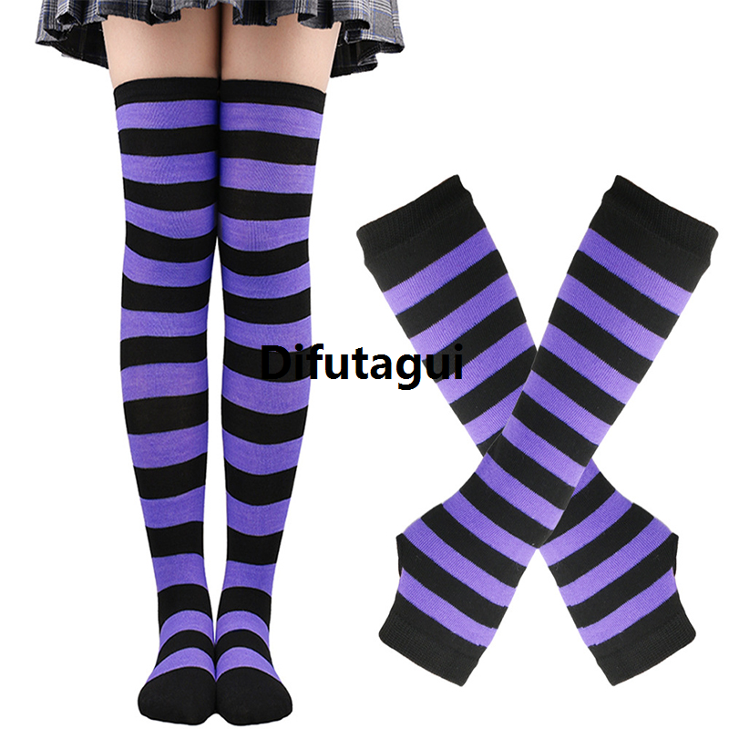 Difutagui 1 Set Women Thigh High Over The Knee Socks For Ladies Black White Fashion Striped Hosiery Long Cotton Stockings Knitted Warm Soks