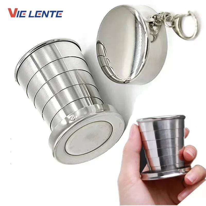 Stainless Steel Retractable Outdoor Travel Toiletry Portable Creative Compression Mini Handy Folding Cup